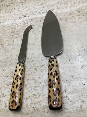 2Pc Cheese Serving Set Knife & Spreader Leopard Handles